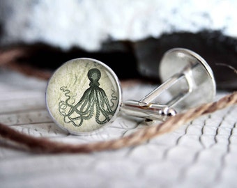 Octopus vintage drawing cufflink custom personalized cufflinks, cool gifts for men, wedding silver plated or black cuff link gift for men