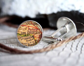 Cufflink, Los Angeles vintage map custom personalized cufflinks, cool gifts for men, wedding silver plated or black cuff link gift for men