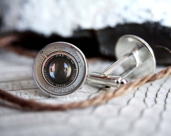 Vintage camera lens personalized cufflinks CL05, cool photographer gifts for men, custom wedding silver plated or black cuff link