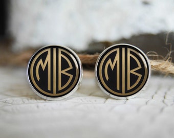 Gatsby rétro initiales monogrammées boutons de manchette personnalisés, cadeaux sympas pour hommes, bouton de manchette plaqué argent ou noir de mariage personnalisé