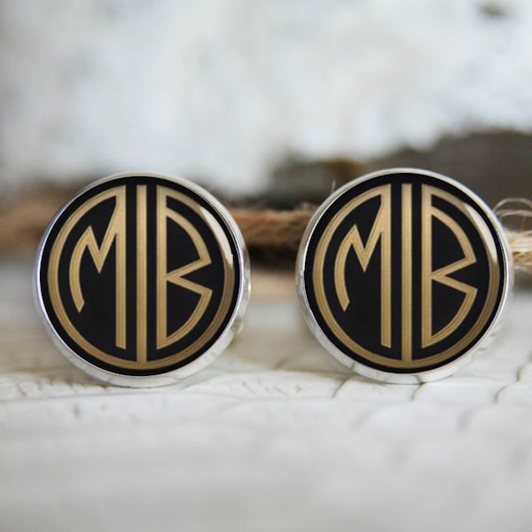 Gatsby retro monogrammed initials personalized cufflinks, cool gifts for men, custom wedding silver plated or black cufflink