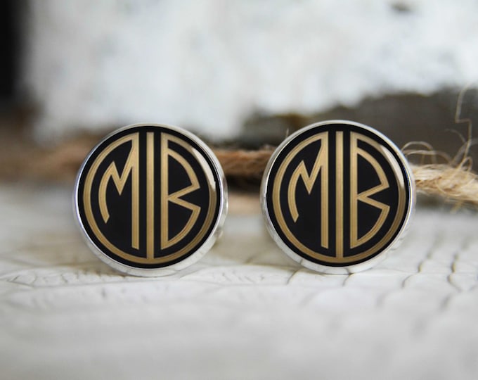 Featured listing image: Gatsby retro monogrammed initials personalized cufflinks, cool gifts for men, custom wedding silver plated or black cufflink