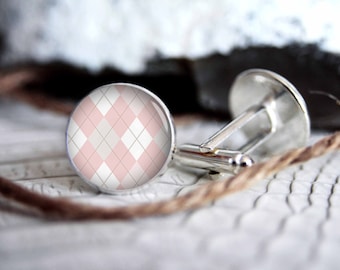 Pink and white checkers pattern personalized custom cufflinks, cool gifts for men, wedding silver plated or black cuff link