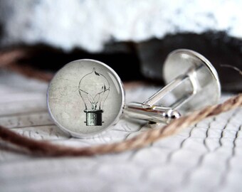 Bulb vintage drawing cufflink custom personalized cufflinks, cool gifts for men, wedding silver plated or black cuff link gift for men