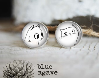 Cat drawing cufflink custom personalized cufflinks, cool gifts for men, wedding silver or black cuff link gift for men