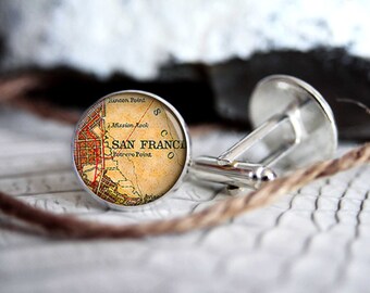 Cufflink San Francisco vintage map custom personalized cufflinks, cool gifts for men, wedding silver plated or black cuff link gift for men