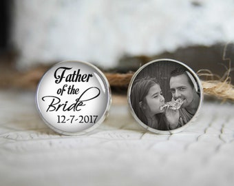 Father of the bride personalized photo cufflinks, cool gifts for men, custom wedding silver plated or black cuff link