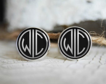 Gatsby retro monogrammed initials personalized cufflinks, cool gifts for men, custom wedding silver plated or black cufflink