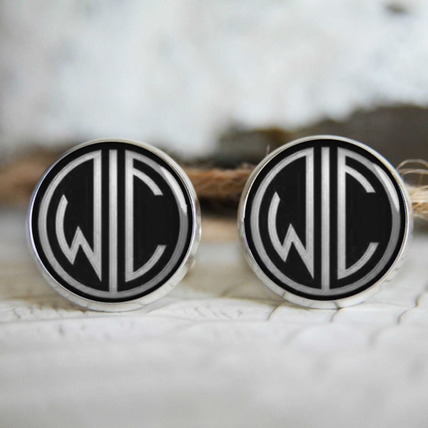 Gatsby retro monogrammed initials personalized cufflinks, cool gifts for men, custom wedding silver plated or black cufflink