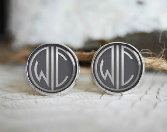 Gatsby retro monogrammed initials personalized cufflinks, cool gifts for men, custom wedding silver plated or black cufflink