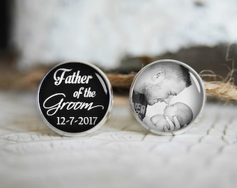 Father of the groom personalized photo cufflinks, cool gifts for men, custom wedding silver plated or black cuff link