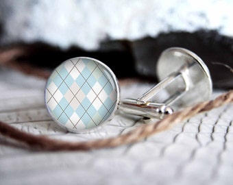 Blue and white checkers pattern personalized custom cufflinks, cool gifts for men, wedding silver plated or black cuff link