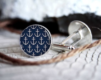 Royal blue anchors pattern personalized custom cufflinks, cool gifts for men, wedding silver plated or black cuff link