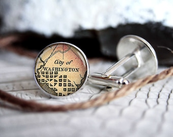 Cufflink Washington DC vintage map custom personalized cufflinks, cool gifts for men, wedding silver plated or black cuff link gift for men