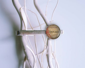 Chicago map personalized tie clip, tie bar, tie tack, lapel pin, cool gifts for men, custom wedding silver plated or black
