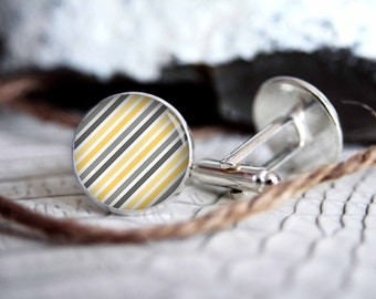 Yellow and gray pattern personalized custom cufflinks, cool gifts for men, wedding silver plated or black cuff link