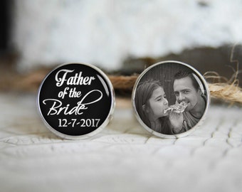 Father of the bride personalized photo cufflinks, cool gifts for men, custom wedding silver plated or black cuff link