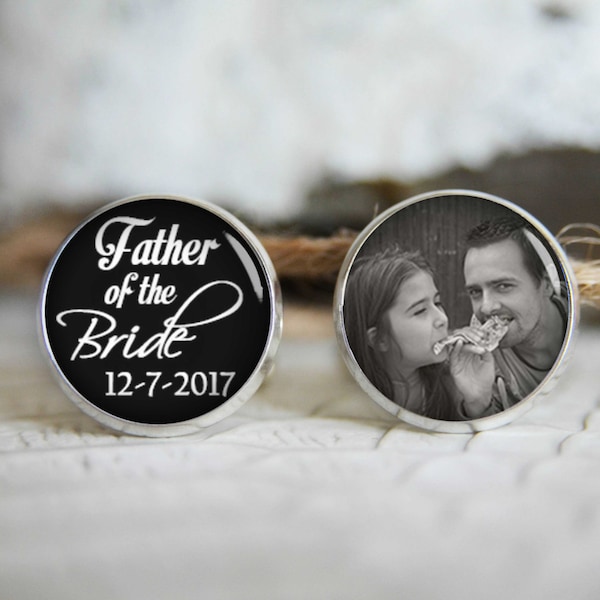 Father of the bride personalized photo cufflinks, cool gifts for men, custom wedding silver plated or black cuff link