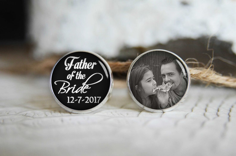 Father of the bride personalized photo cufflinks, cool gifts for men, custom wedding silver plated or black cuff link 