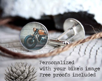 Personalized cufflinks with your bike image, custom cool gifts for men, photo wedding silver plated or black cuff links