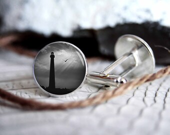 Light house photo custom personalized cufflinks, cool gifts for men, wedding silver plated or black cuff link gift for men
