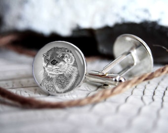 Cufflink otter drawing custom personalized cufflinks, cool gifts for men, wedding silver plated or black cuff link gift for men