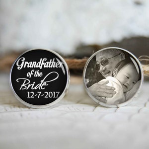 Grandfather of the bride personalized photo cufflinks, cool gifts for men, custom wedding silver plated or black cuff link image 1