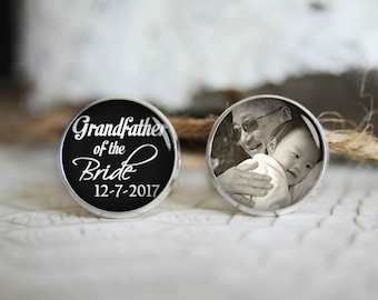 Grandfather of the bride personalized photo cufflinks, cool gifts for men, custom wedding silver plated or black cuff link