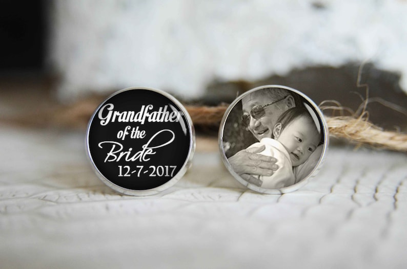 Grandfather of the bride personalized photo cufflinks, cool gifts for men, custom wedding silver plated or black cuff link image 1