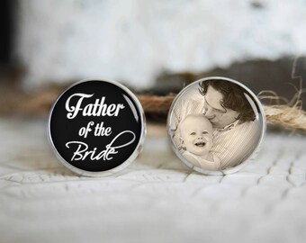 Father of the bride personalized photo cufflinks, cool gifts for men, custom wedding silver plated or black cuff link