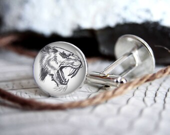 Cufflink saber cat drawing custom personalized cufflinks, cool gifts for men, wedding silver plated or black cuff link gift for men