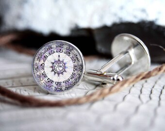 Vintage compass personalized cufflinks, cool gifts for men, custom wedding silver plated or black cuff link