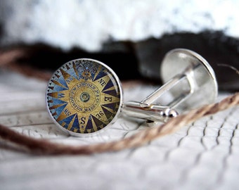 Old compass personalized cufflinks, cool gifts for men, custom wedding silver plated or black cuff link