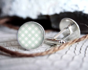 Green and white checkers pattern personalized custom cufflinks, cool gifts for men, wedding silver plated or black cuff link