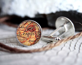 Cufflink, Paris vintage map custom personalized cufflinks, cool gifts for men, wedding silver plated or black cuff link gift for men