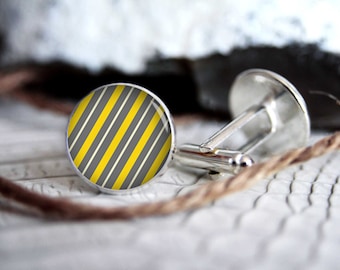 Yellow and grey personalized custom cufflinks, cool gifts for men, wedding silver plated or black cuff link