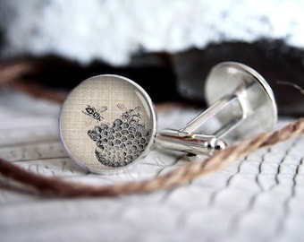 Honey Bee vintage drawing cufflink custom personalized cufflinks, cool gifts for men, wedding silver plated or black cuff link gift for men