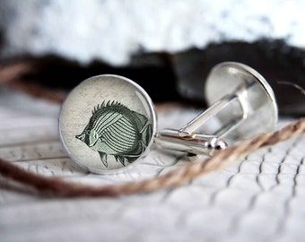 Fish vintage drawing cufflink custom personalized cufflinks, cool gifts for men, wedding silver plated or black cuff link gift for men