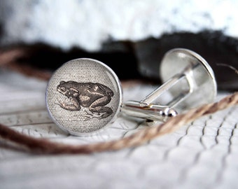 Frog vintage drawing cufflink custom personalized cufflinks, cool gifts for men, wedding silver plated or black cuff link gift for men