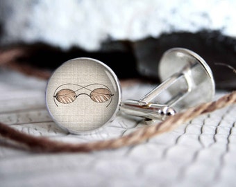 Eye glasses vintage drawing cufflink custom personalized cufflinks, gifts for men, wedding silver plated or black cuff link gift for men