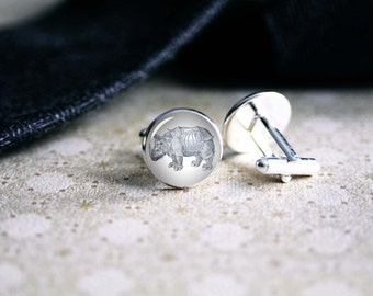 Rhino drawing cufflinks, cool gifts for men, wedding silver plated or black cuff link gift for men