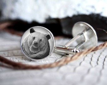 Cufflink bear drawing custom personalized cufflinks, cool gifts for men, wedding silver plated or black cuff link gift for men