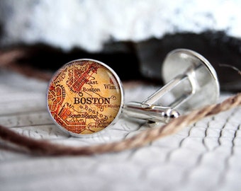 Cufflink, Boston vintage map custom personalized cufflinks, cool gifts for men, wedding silver plated or black cuff link gift for men