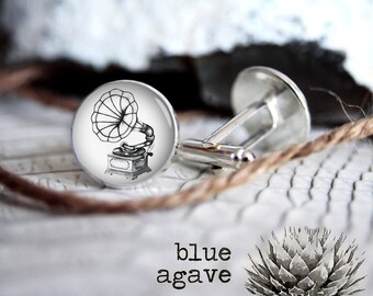 Gramophone cufflink custom personalized cufflinks, cool gifts for men, wedding silver or black cuff link gift for men