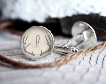 Monogrammed initials antlers personalized cufflinks, cool gifts for men, custom wedding silver plated or black cuff link IN02