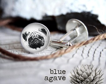 Pug drawing cufflink custom personalized cufflinks, cool gifts for men, wedding silver or black cuff link gift for men