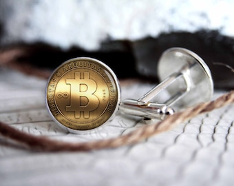 Cufflink bitcoin custom personalized cufflinks, cool gifts for men, wedding silver plated or black cuff link gift for men