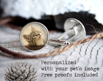 Personalized cufflinks with your pet image, custom cool gifts for men, photo wedding silver plated or black cuff links