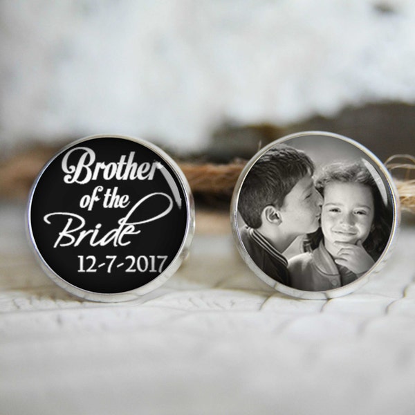 Brother of the bride personalized photo cufflinks, cool gifts for men, custom wedding silver plated or black cuff link