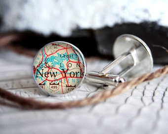 Cufflink, New York vintage map custom personalized cufflinks, cool gifts for men, wedding silver plated or black cuff link gift for men